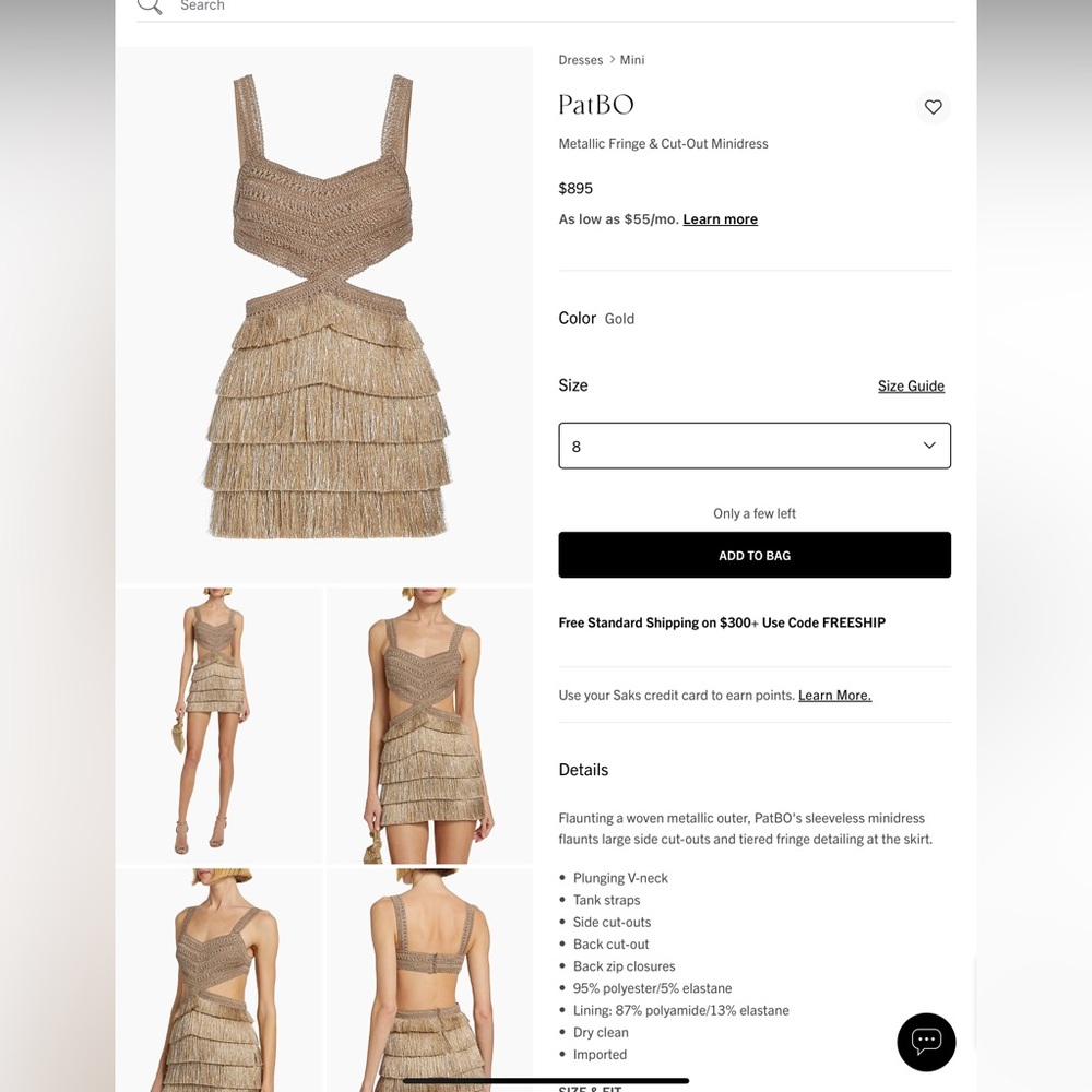 PatBO Metallic Fringe & Cut-Out Mini Dress - Gold size 4